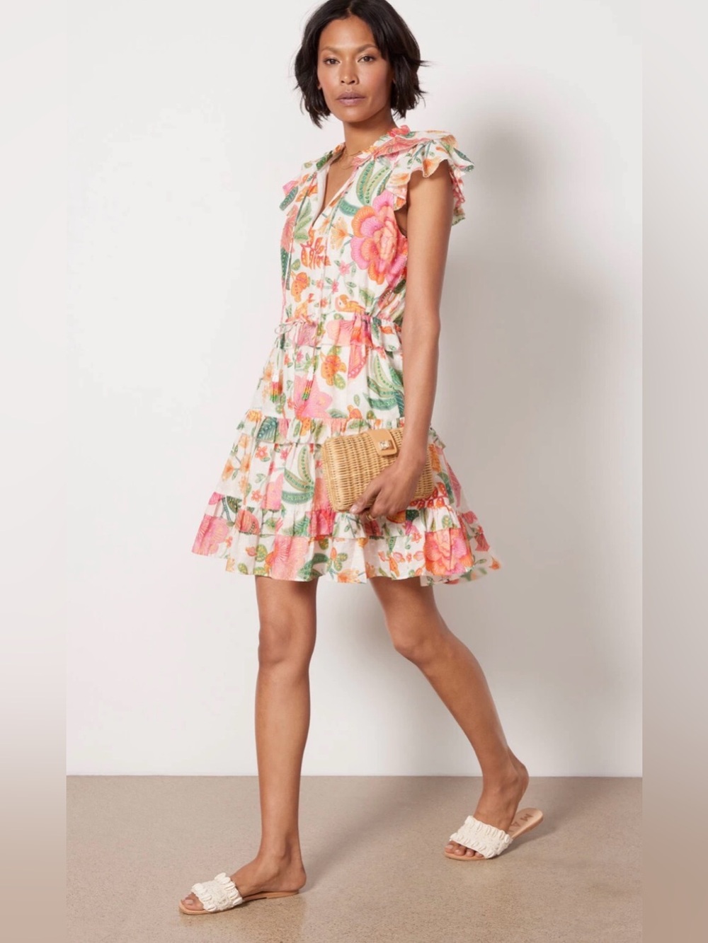 FARM Rio White Mini Dress with Pink & Green Floral Print